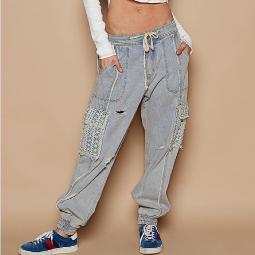 185B. Tie Waistband Cargo Denim Jogger - Blue Denim